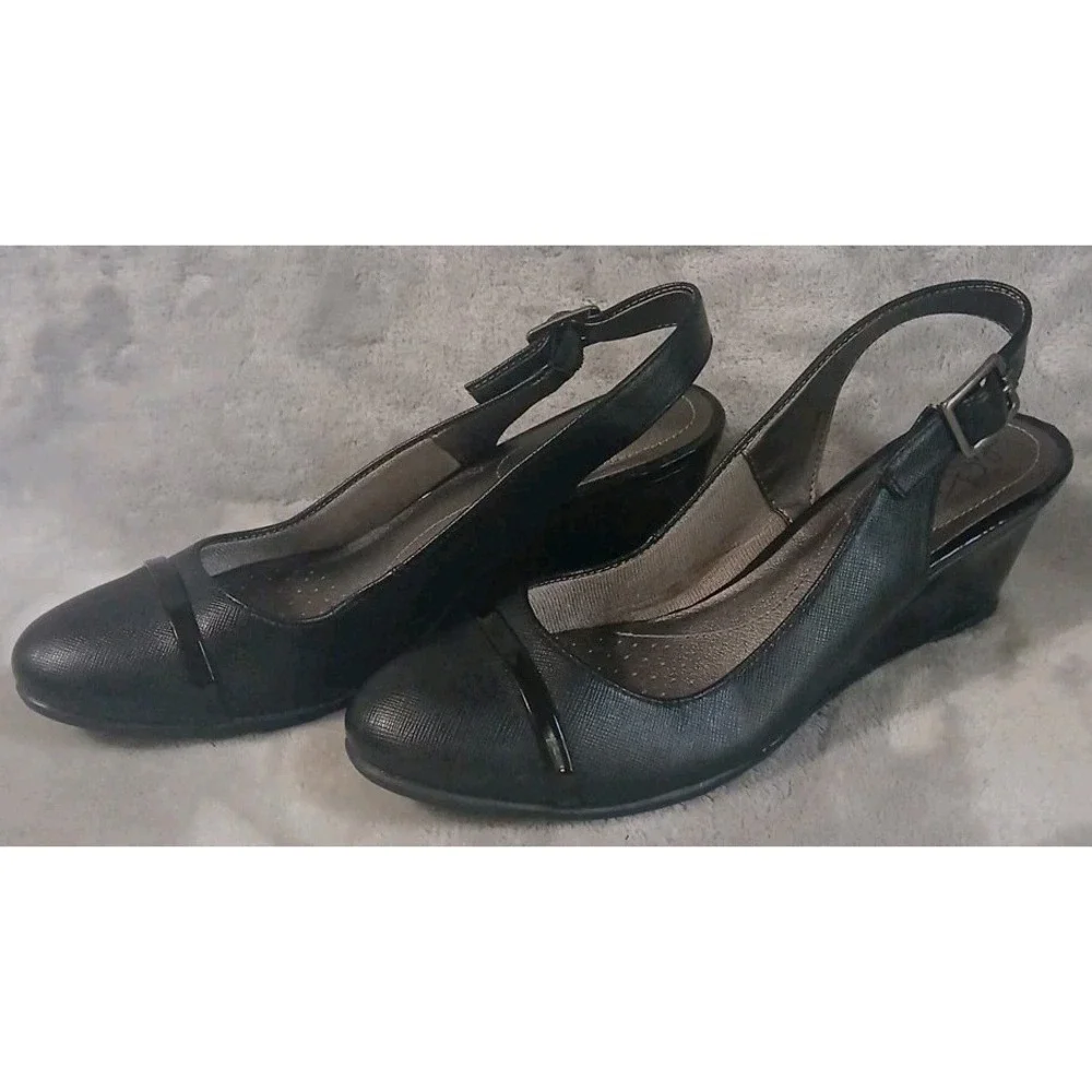Life Stride Womens Dress Shoes‎ 8 1/2M Jean Black Slingback Wedge Heels